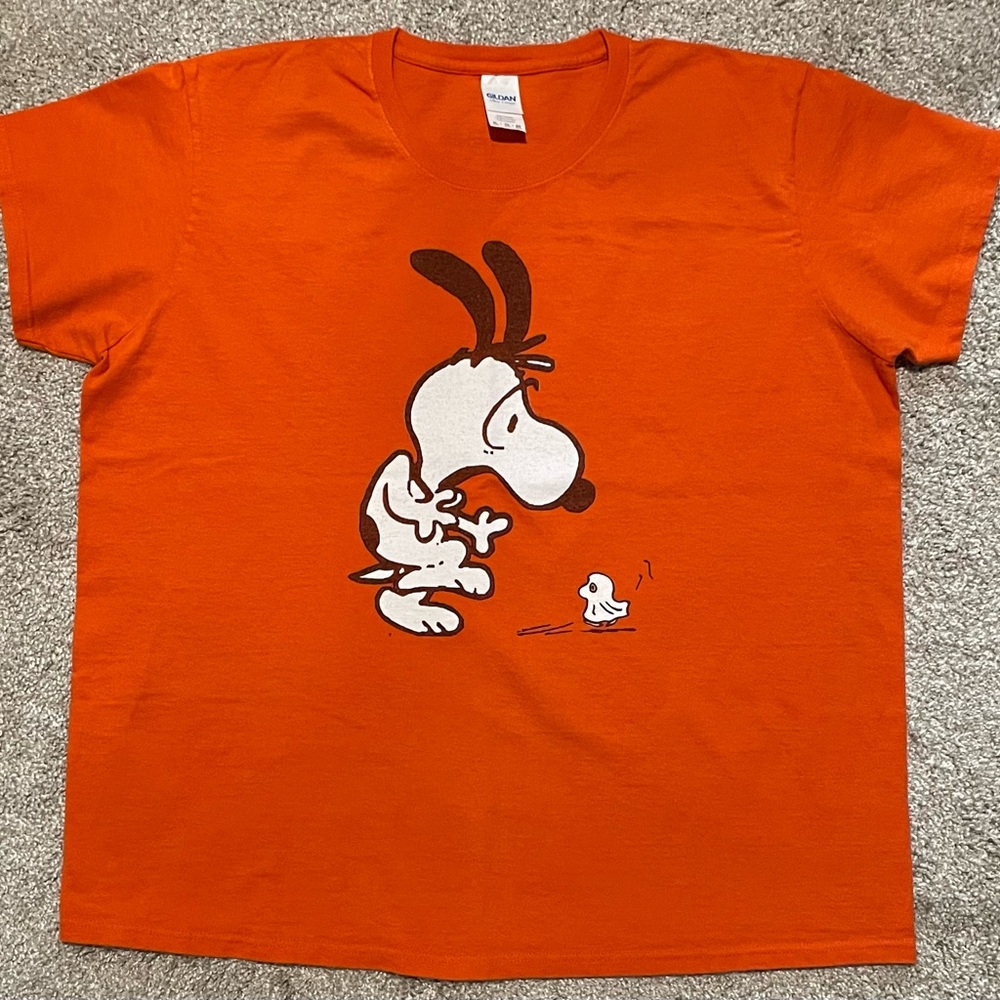 Peanuts Orange Tee with Snoopy and Ghost Woodstock